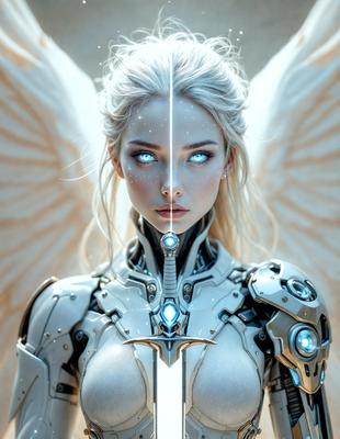 The primary subject of the image is a woman with blonde hair, wearing a futuristic, metallic outfit. She has a pair of wings on her back, giving her an angelic appearance. The setting is a futuristic environment, possibly a space station or a high-tech facility. The visual style is a combination of digital art and illustration, creating a unique and captivating image. The colors and mood of the image are predominantly silver and white, giving it a sleek and sophisticated feel.